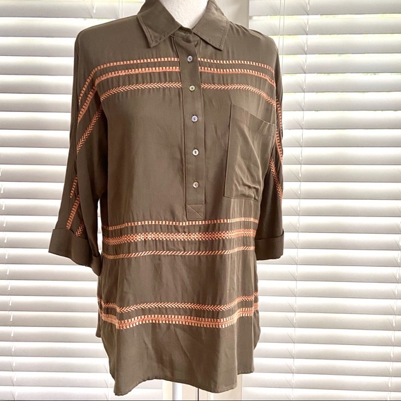 Anthro Esley Small Olive Green Pink Blouse Top - Picture 1 of 8